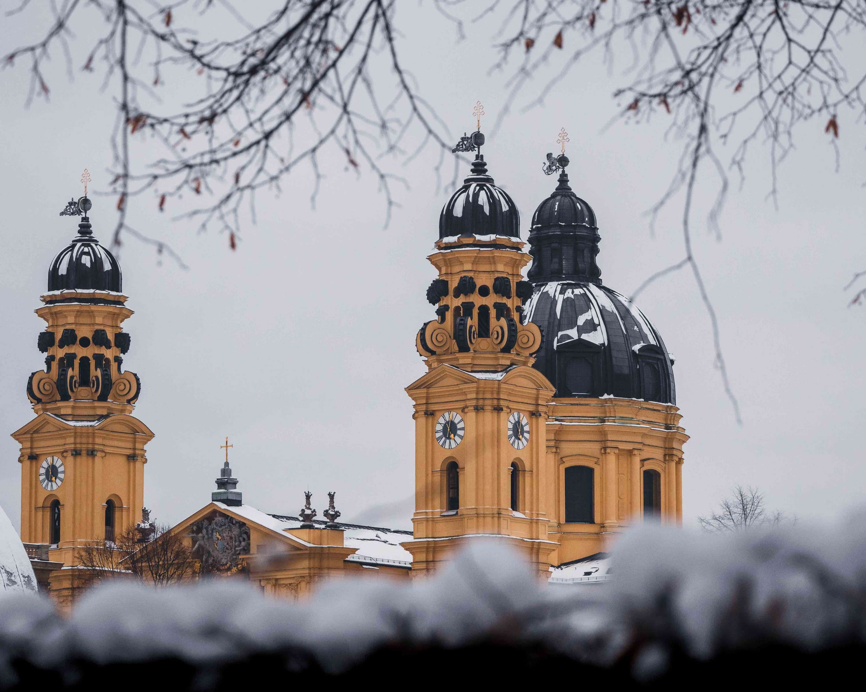 The yellow towers and dark domes of the Theatinerkirche seen over snow-covered hedges on a grey winter day.