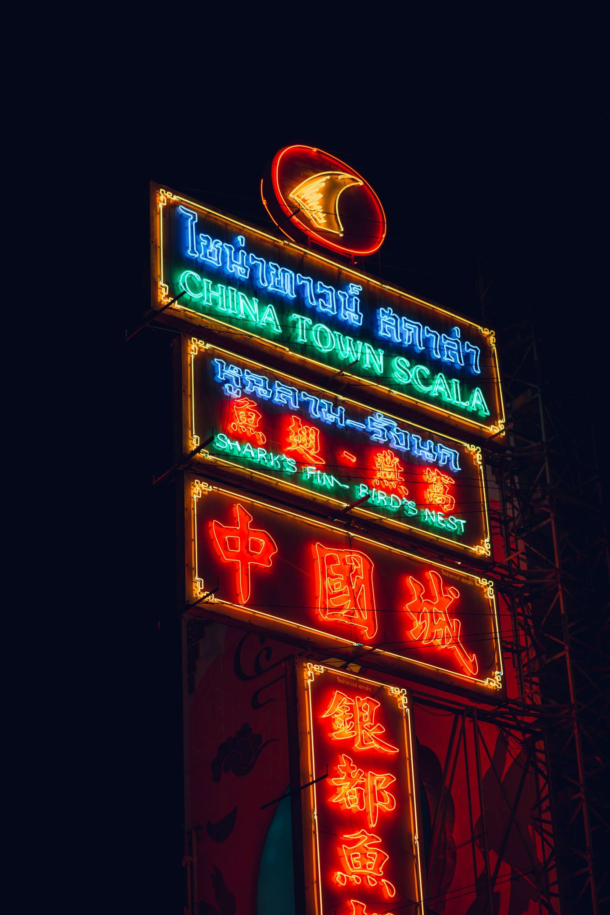 A tall neon sign in Thai, English and Chinese reading China Town Scala and Shark's Fin, Bird's Nest, glowing red, blue and green against a black sky.