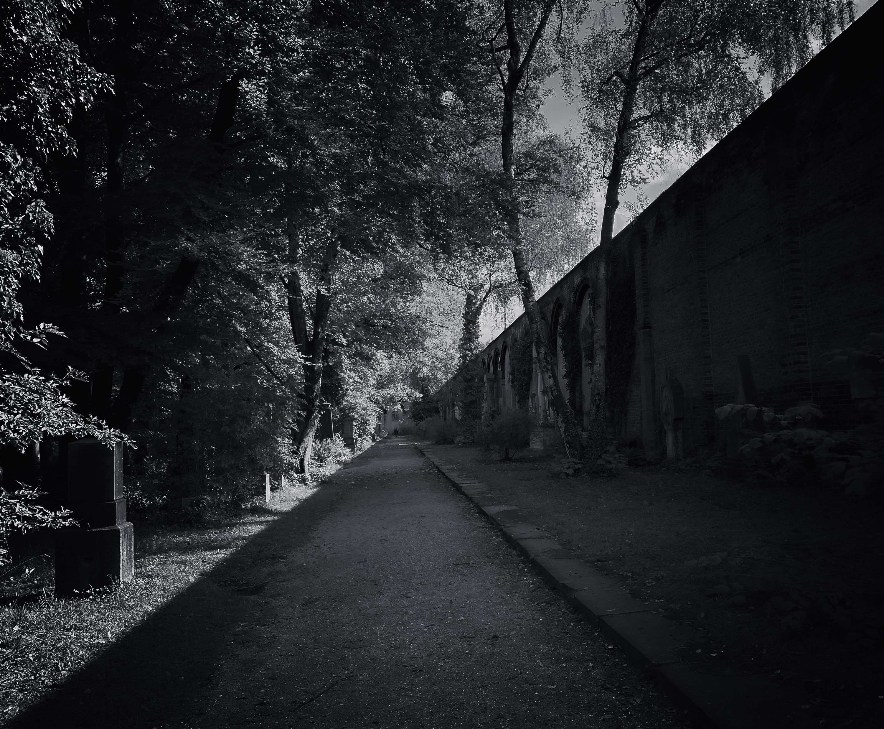 Black and white: a gravel path runs beside a long arcaded cemetery wall, under tall trees, with old gravestones among the undergrowth.