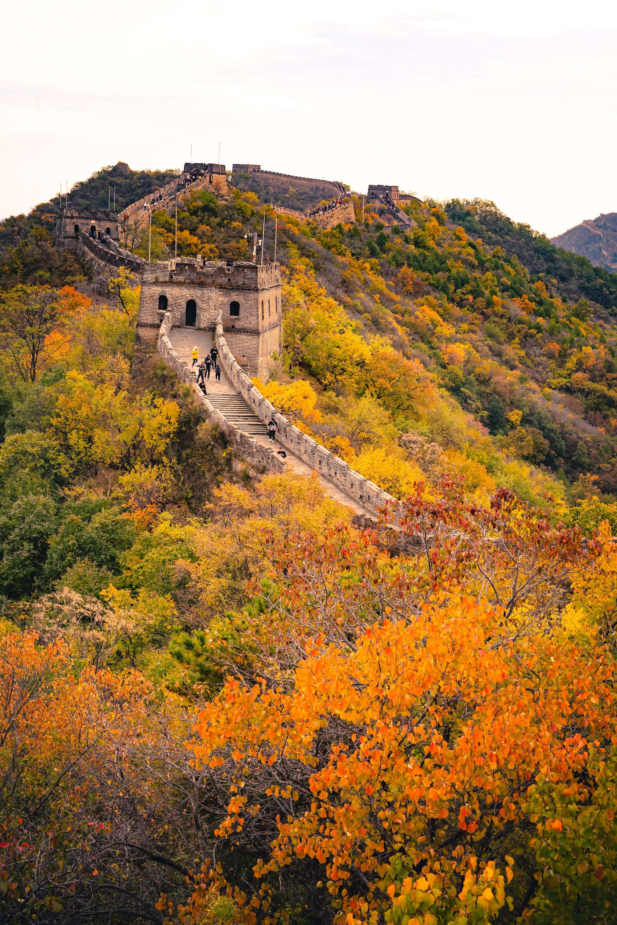 The Great Wall climbs a steep ridge through autumn trees in orange, yellow and green, with a stone watchtower and a few walkers on the steps.