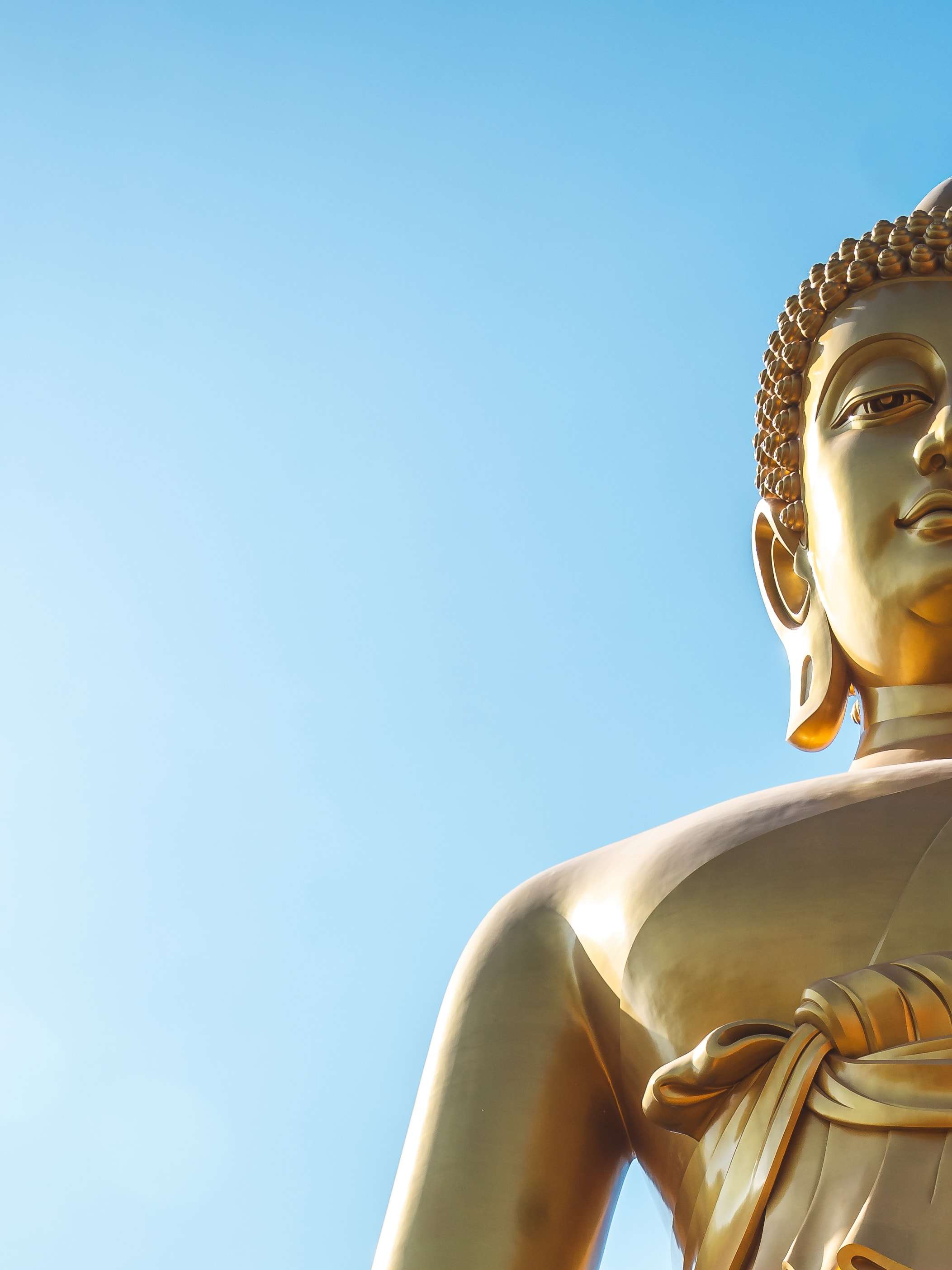 The golden face and shoulder of the giant seated Buddha at Wat Paknam fill the right edge of the frame against a clear blue sky.